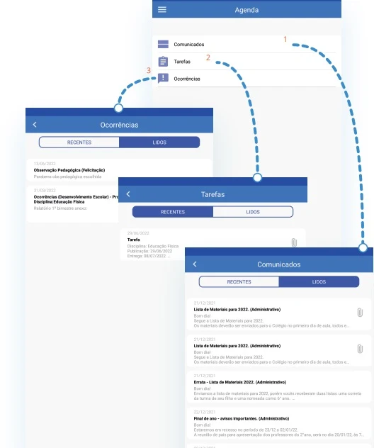 Tela da Agenda Escolar, com comunicados, tarefas e ocorrências
