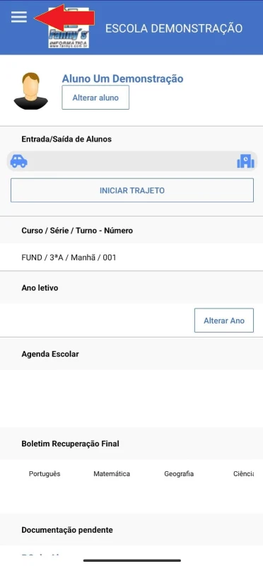 Tela inicial do aplicativo, com o menu