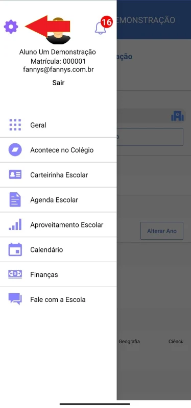 Item Configurações dentro do menu