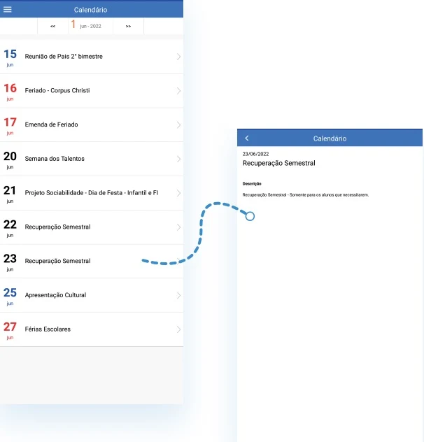 Tela do Calendário escolar, com filtro por mês