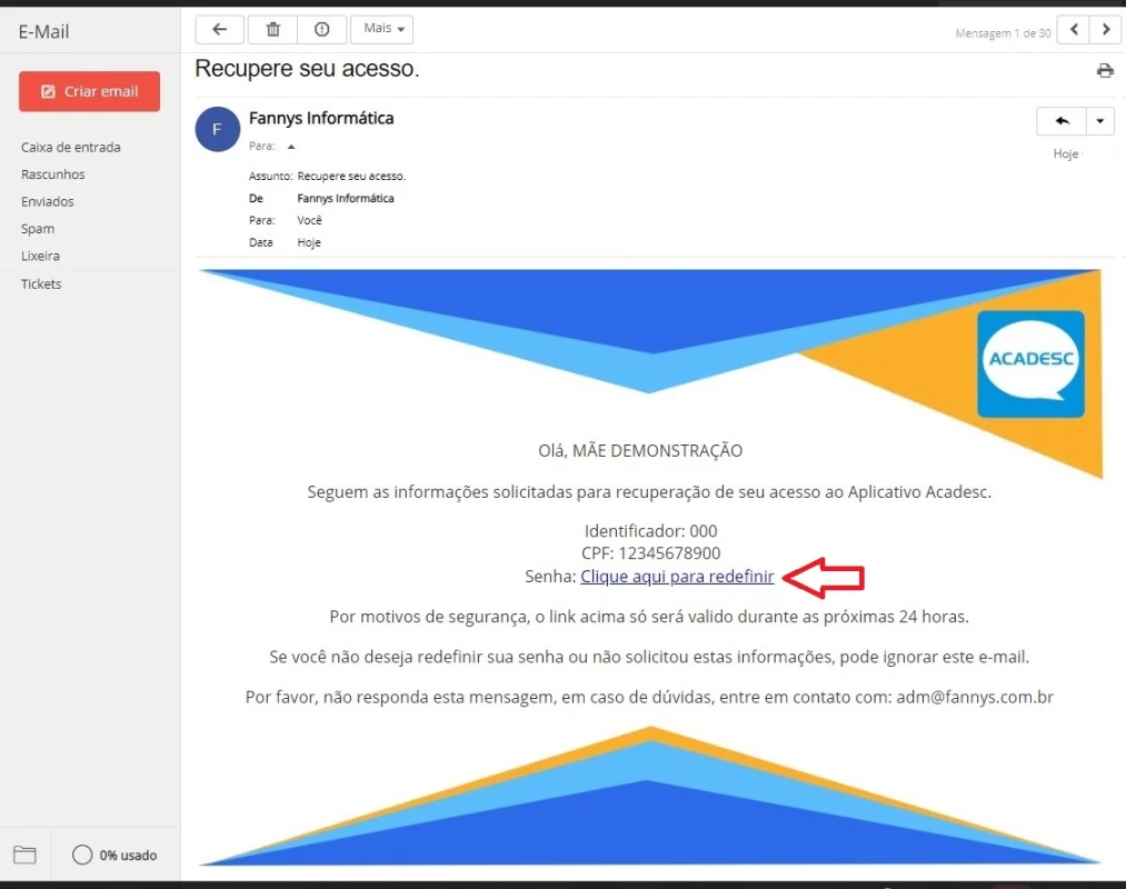 E-mail recebido com o link para redefinir a senha