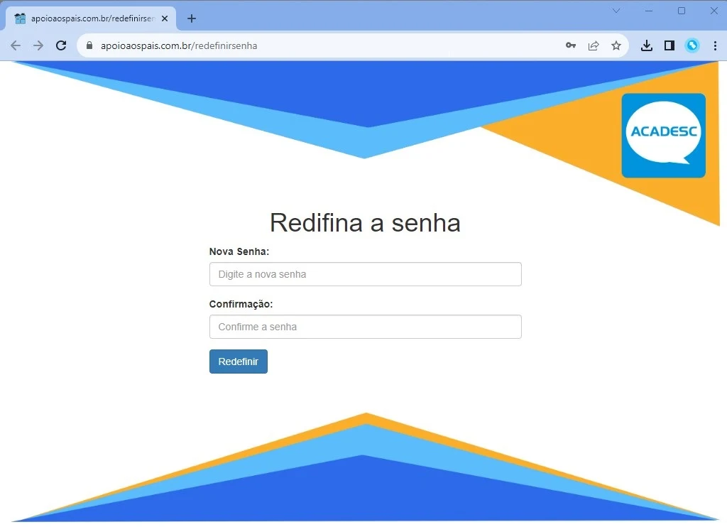 Formulário de cadastro da nova senha