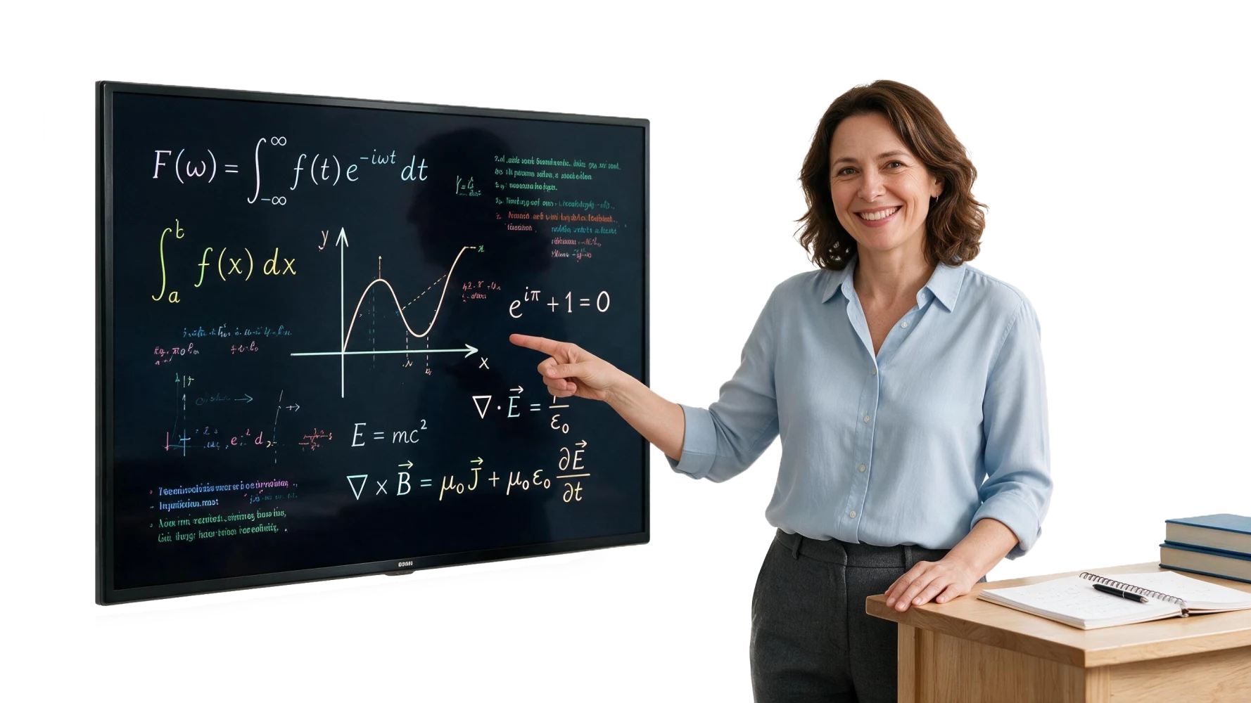 Professora apontando para a lousa digital durante a aula