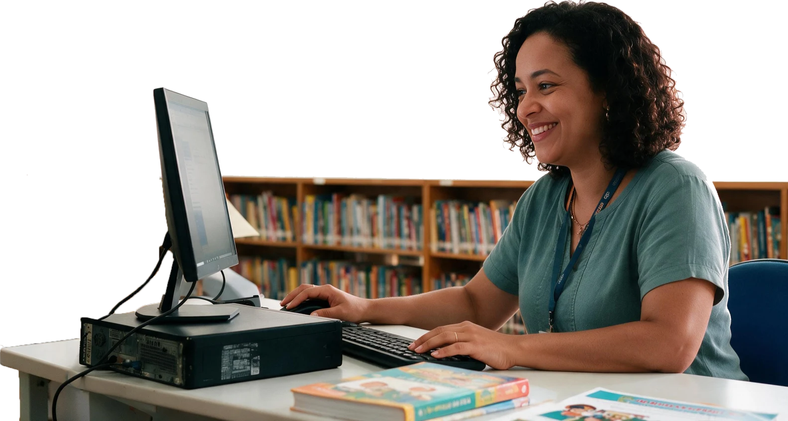 Bibliotecária atendendo no computador, com as estantes da biblioteca ao fundo